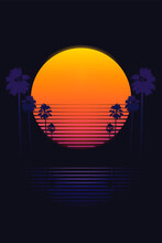 Retrowave Space Sunset Scene With Palm Trees, Neon Glow Gradient Background Template, 80s Palm Springs Aesthetic Feeling