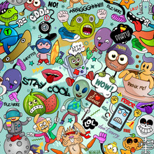 Vector Graffiti Seamless Texture With Bizarre Elements And Characters And Other Shiny Creative Elements. Print Fabric Vector Pattern With Pop Art Patches For Print, Party, Children's Room.