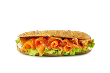 Wall Mural - Sandwich with salmon and cream cheese on white