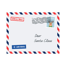 Christmas Envelope With Postage Stamp. Dear Santa Claus Letter.