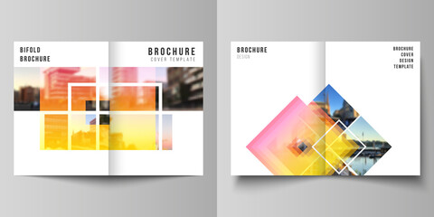 Poster - Vector layout of two A4 format modern cover mockups design templates for bifold brochure, magazine, flyer, booklet, annual report. Creative trendy style mockups, blue color trendy design backgrounds.