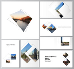 Poster - Vector layouts of modern social network mockups in popular formats with geometric simple shapes, lines and photo place for cover design, website design, website backgrounds or advertising mockups.