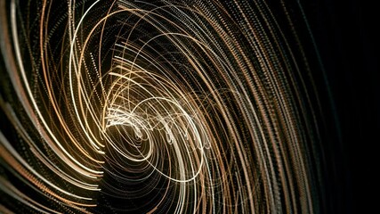 Poster - Abstract visualization of spinning vortex on black background, seamless loop. Animation. Millions of narrow golden glowing lined moving in a circle.