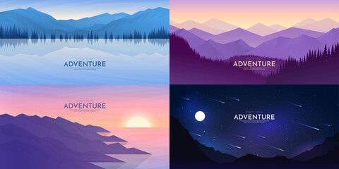 Wall Mural - vector abstract background set. minimalist style. flat concept. 4 landscapes collection. mountain vi