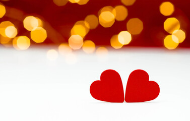 Banner. Background for Valentine's Day. two hearts with festive bokeh lights in the background. happy lovers day party invitation card layout, copy space.