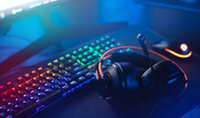 Workplace Streamer Professional Gamer Playing Online Games Computer With Headphones, Neon Color
