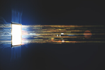 Poster - Glowing circuit chip on dark background.