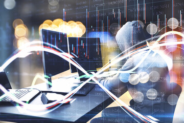 Leinwandbilder - Hacker using computer with digital finance interface.