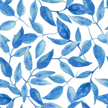Vintage Seamless Background With Blue Leaves And Branches.