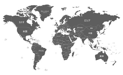  Political World Map vector illustration isolated on white background with country names in japanese. Editable and clearly labeled layers.