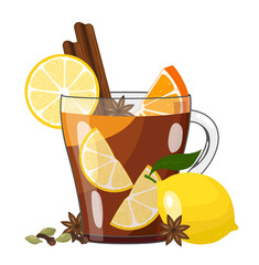 Canvas Print - Winter hot lemon tea with fruits and spices in glass cup. Vector illustration on white background