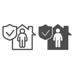 Poster - Emblem of protection and house with man line and solid icon, social distancing concept, Self quarantine sign on white background, man stay at home and shield icon in outline style. Vector graphics.