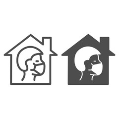 Poster - Head of a person with mask at home line and solid icon, social distancing concept, Self Isolation sign on white background, Man Wearing Mask Inside House icon in outline style. Vector graphics.