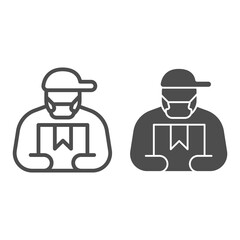 Poster - Courier in cap and mask with box line and solid icon, social distancing concept, Safe delivery sign on white background, Delivery of goods during coronavirus icon in outline style. Vector graphics.
