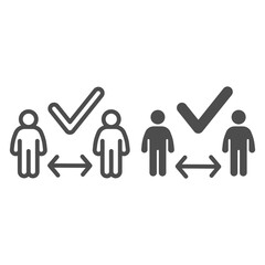Poster - Two people in right distance line and solid icon, social distancing concept, distance limitation sign on white background, two person and approved tick icon in outline style. Vector graphics.