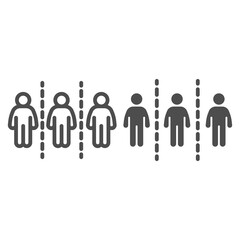 Poster - Three people with line separator line and solid icon, social distancing concept, Distance limitation between three people sign on white background, avoid gathering icon in outline style. Vector.
