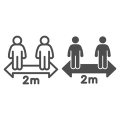 Poster - Keep distance between people two meter line and solid icon, social distancing concept, two meters Covid-19 separation sign on white background, safe distance icon outline style. Vector graphics.