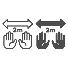 Poster - Hands and limitation in two meters with arrow line and solid icon, social distancing concept, Keep safe distance sign on white background, two meters separation icon in outline style. Vector graphics.