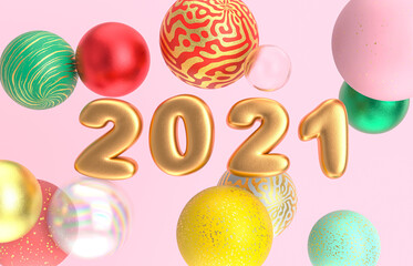 Poster - Christmas and Happy new year background with fancy geometric balloons. 3d render.