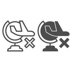 Poster - Globe and plane with ban line and solid icon, social distancing concept, Flight restriction sign on white background, prohibition of flights in world icon in outline style for mobile. Vector graphics.