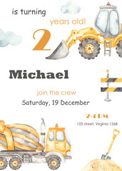 Wall Mural - Boy birthday invitation with construction machinery, premade card