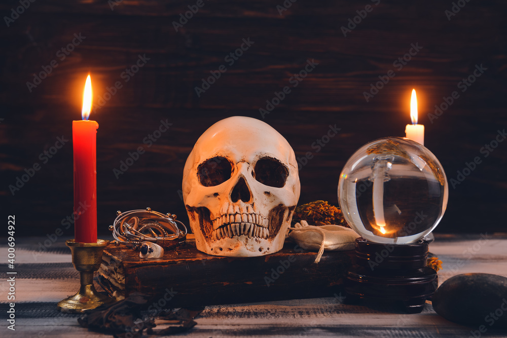 Accessories of fortune teller on table