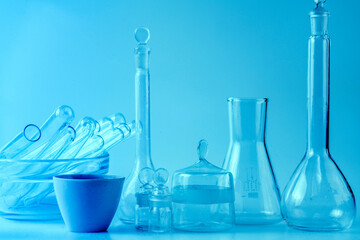 Empty flasks. Laboratory analysis equipment. Chemical laboratory, glassware test-tubes.