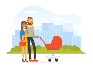 Sticker - Young Man and Woman Walking Outdoor Pushing Baby Carriage Vector Illustration