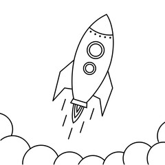 Coloring kid ook. Rocket fly icon. Design rocket space ship in Black and white linear style. start-up Business. Vector Illustration isolated on white.