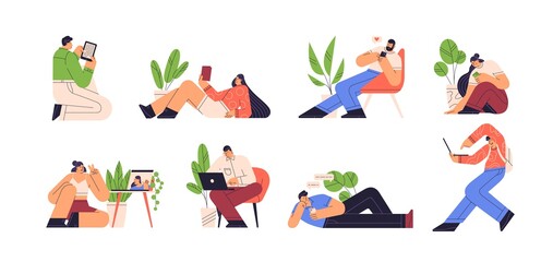 Leinwandbilder - People reading e book and using gadgets vector flat illustration. Set of men and women chatting, doing a video call and surfing internet isolated. Characters with smartphone, laptop and tablet