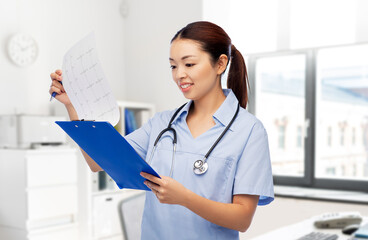 Wall Mural - medicine, profession and healthcare concept - happy smiling asian female doctor or nurse in blue uniform with cardiogram on clipboard over hospital background