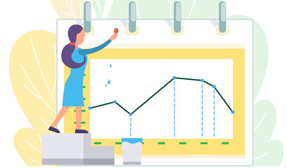 Fototapete - Woman draws an increasing graph in a large notebook. Presentation of business development or investment growth. Analysis report on graph. Vector flat businesswoman analyzes statistical indicators