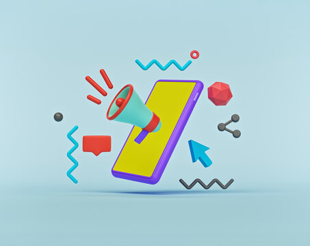 Digital Marketing concept. smartphone, megaphone, abstract shapes. minimal advertising banner, poster. 3d rendering