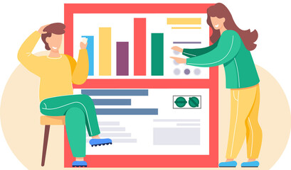Fototapete - Business people analyze report graph and investment plan. Guy sitting with cards in his hands. Man thinks over the next move. Girl points to the man. Characters work with technology in the background