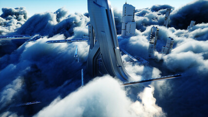 Futuristic sci fi city in clouds. Utopia. concept of the future. Flying passenger transport. Aerial fantastic view. 3d rendering.