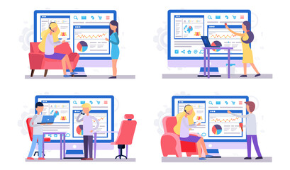Fototapete - A set of illustrations on the topic of analysis of statistical data. People work with calculations on the background. Girl in headphones reads the text. Economic research graphs on the monitor