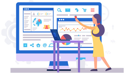 Fototapete - Woman works with economic data business statistics. Girl is standing with a laptop near the table and large screen. Female character records video. Screen with graphs and data charts in the background
