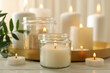 canvas print picture - Burning scented candles for relax on white wooden table