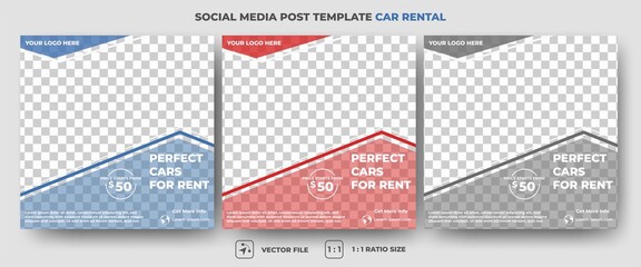 Set of the editable square banner template. Car rental banner with a black, blue, and red color background. Flat design vector with a photo collage. Usable for social media, banners, and internet ads