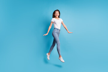 Sticker - Full size profile side photo of amazed girl jump up air shocked discount isolated on pastel blue color background