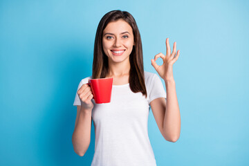 Poster - Photo of young happy cheerful positive good mood girl drink tea showing okay sign isolated on blue color background