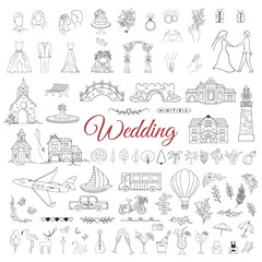 Wedding elements including bride, groom, floral branches, buildings for map creating. Vector isolated engagement decor. Hand drawn illustration for marrige ceremony.