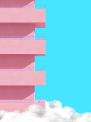 Poster - Minimal scene of pink building and balcony above the cloud on blue background. 3D rendering.
