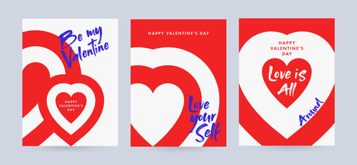 Aufkleber - Creative concept of Happy Valentine’s Day posters set with typography text be my valentine, love is all around and love yourself. Minimalistic trendy design templates for branding, banner, cover, card