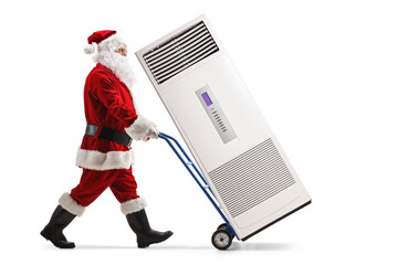 Wall Mural - Santa claus pushing an air conditioner on a hand truck