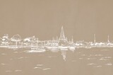 A hand-drawn of Wat Arun, Bangkok Thailand, white pencil line on watercolour background, with the word 'Wat Arun'