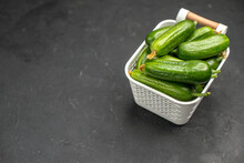 Front View Fresh Green Cucumbers Inside Basket On Dark Background Photo Salad Meal Food Health Color