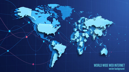 Poster - Vector. Contour image of planet Earth with continents and countries. Economic ties. Global communication system and the Internet. Blue technological background. 3D effect and perspective.