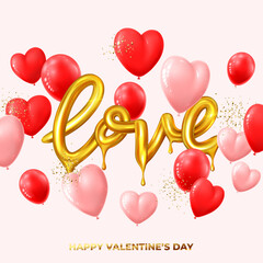 Wall Mural - Happy Valentine's Day card. Realistic gold dripping word love, red and pink balloons and golden confetti. Vector illustration with 3d decorative objects for Valentine's Day.