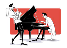 Vector Illustration Of A Jazz Band With Saxophon And Piano On Red Background.